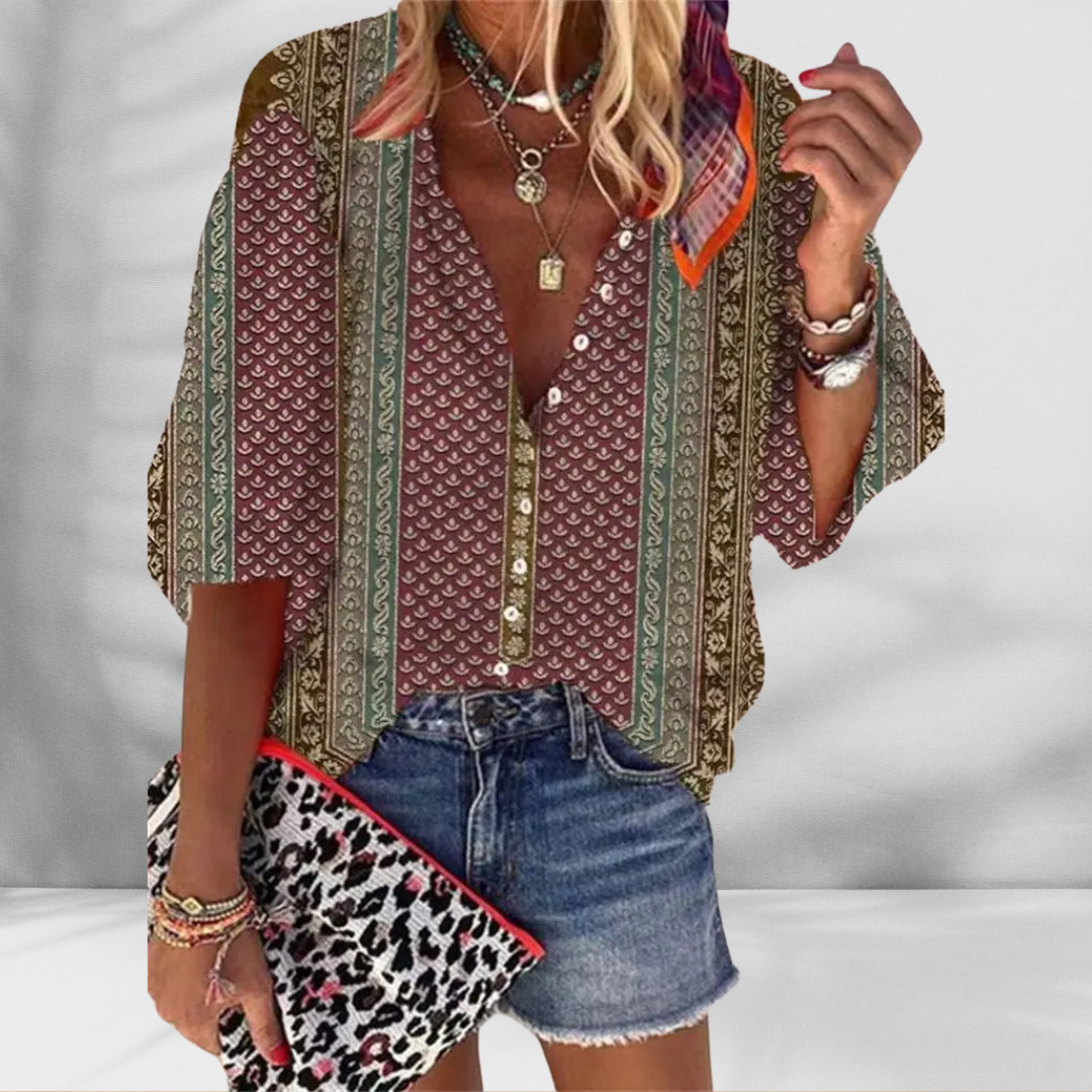 MARY™ | Boho-Bluse mit floralem Muster und kurzen Ärmeln