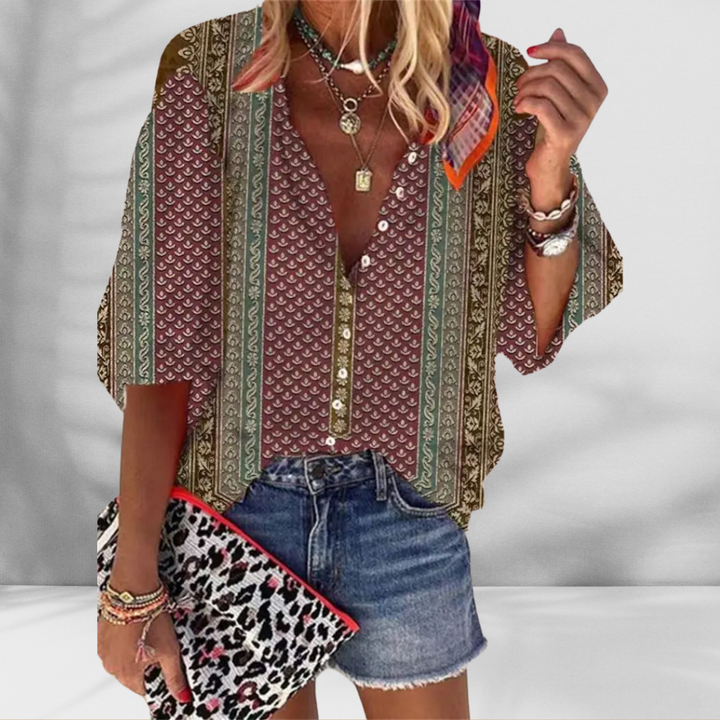 MARY™ | Boho-Bluse mit floralem Muster und kurzen Ärmeln
