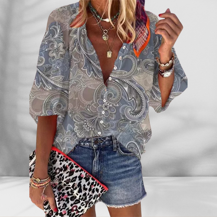 MARY™ | Boho-Bluse mit floralem Muster und kurzen Ärmeln