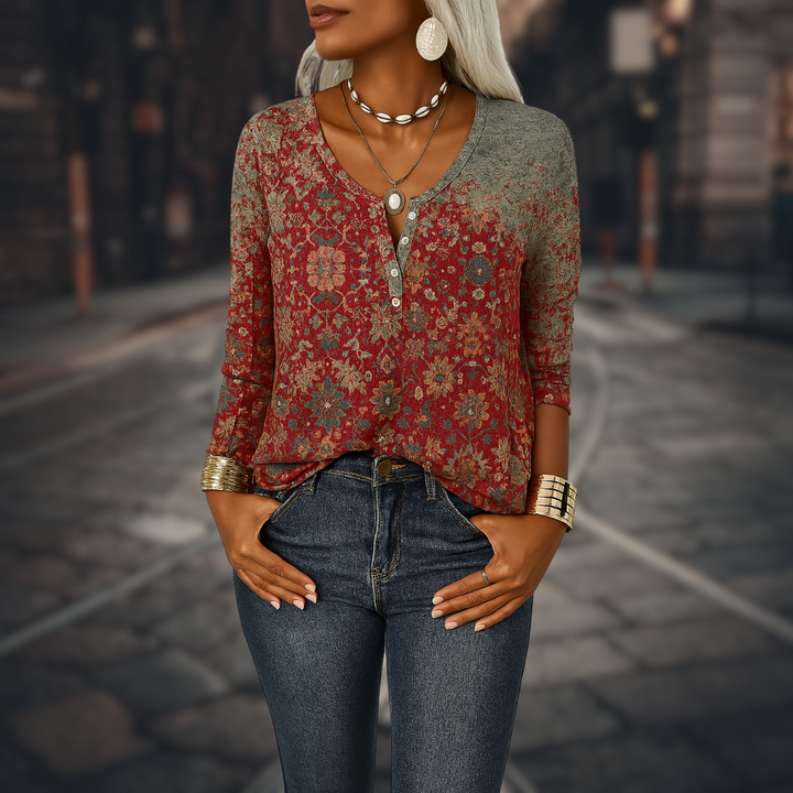 SELINE™ | Boho-Bluse mit floralen Mustern und langen Ärmeln