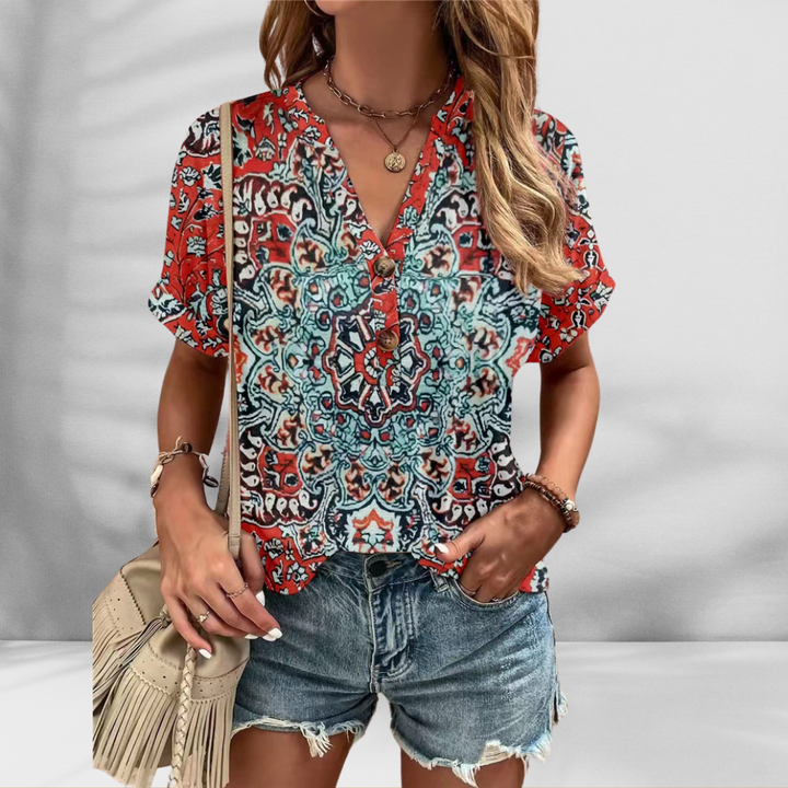 ELLY™ | Boho-Bluse mit floralem Muster und kurzen Ärmeln