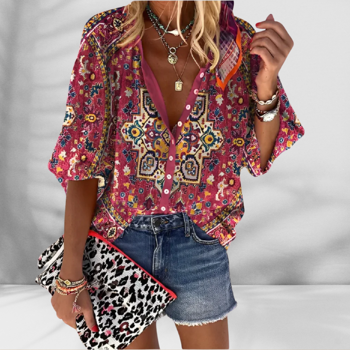 MARY™ | Boho-Bluse mit floralem Muster und kurzen Ärmeln