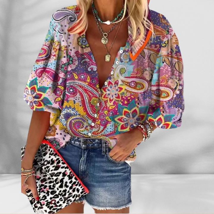 MARY™ | Boho-Bluse mit floralem Muster und kurzen Ärmeln