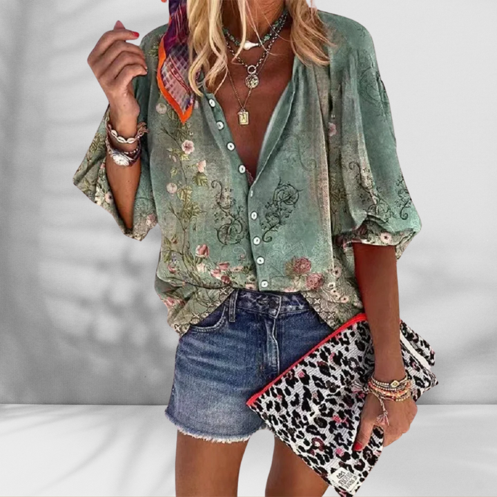MARY™ | Boho-Bluse mit floralem Muster und kurzen Ärmeln