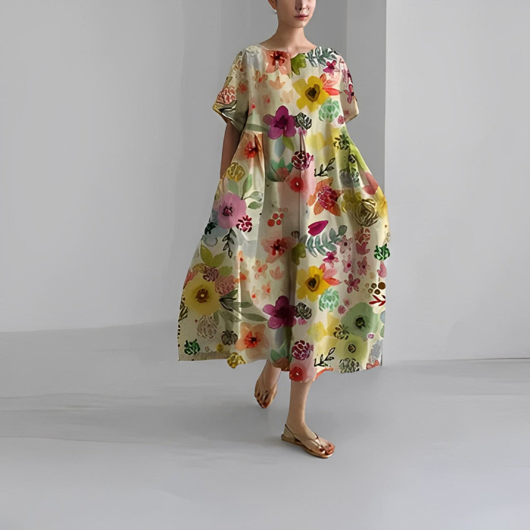 VERENA™ | Weites Blumenkleid im Leinenlook