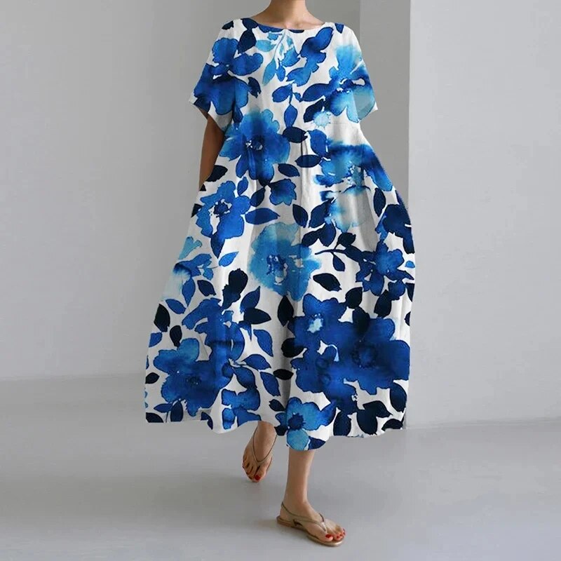 VERENA™ | Weites Blumenkleid im Leinenlook