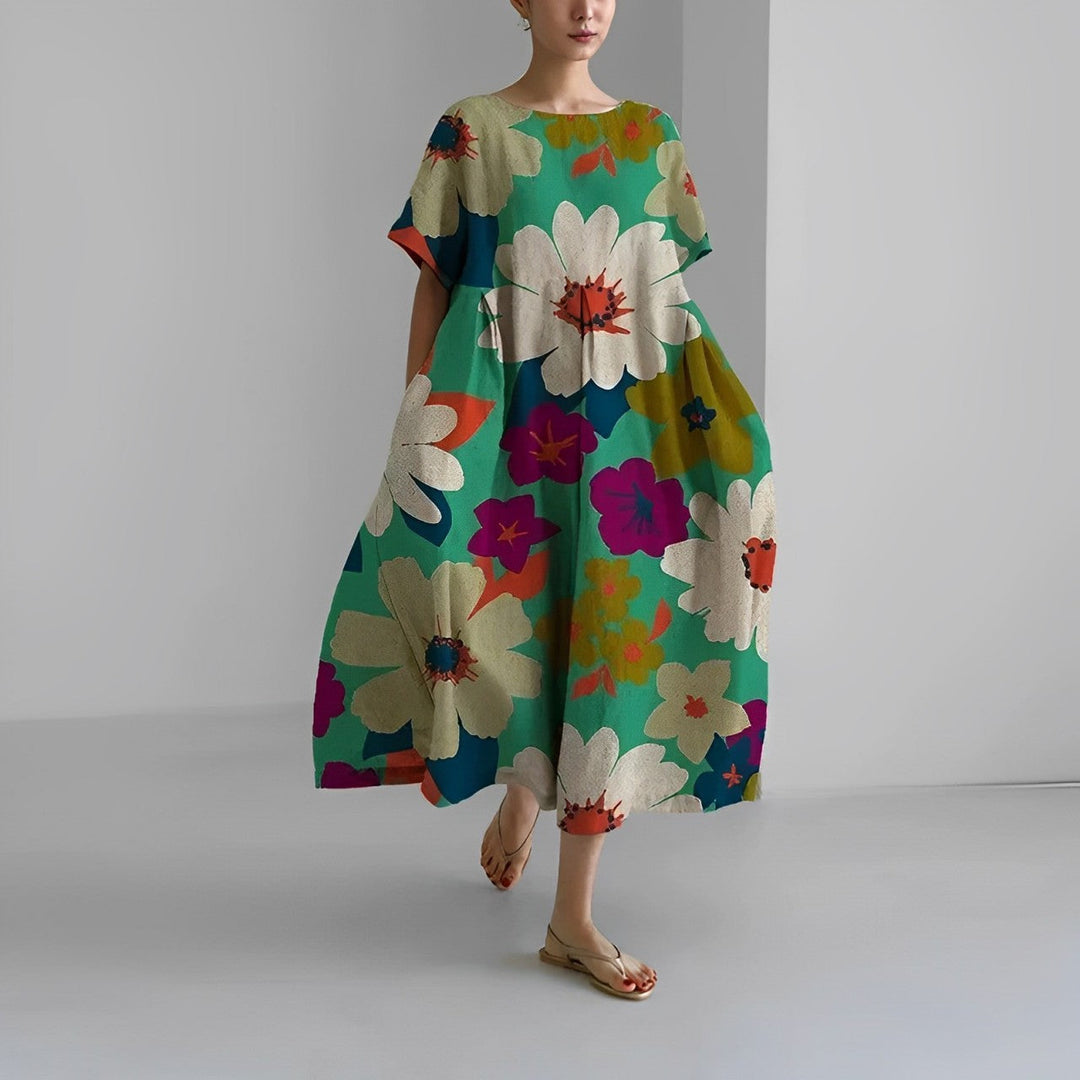 VERENA™ | Weites Blumenkleid im Leinenlook
